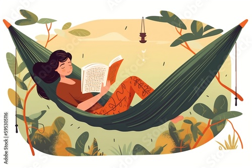 young female lying in hammock and reading book vector illustration. generative AI photo