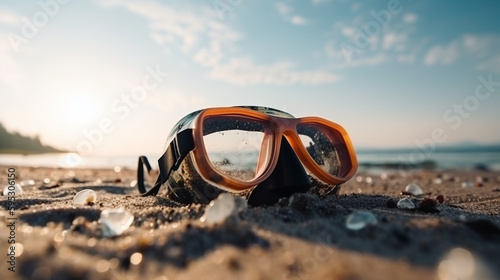 Generative AI, diving mask lies on the sand near the sea, beach, coast, ocean, diving, snorkeling, vacation, outdoor activity