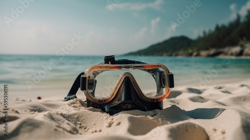 Generative AI, diving mask lies on the sand near the sea, beach, coast, ocean, diving, snorkeling, vacation, outdoor activity