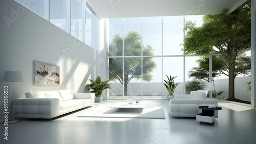 Stylish Living Room This minimalist living room has a single color palette  clean lines  and an exquisite and contemporary aesthetic. AI generator