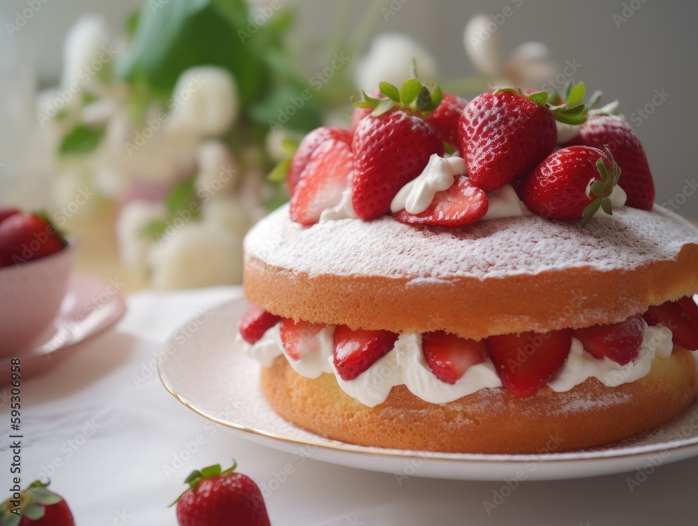 Strawberry sponge cake with fresh strawberries. Generative AI Strawberry sponge cake with fresh strawberries. Generative AI