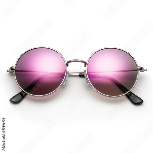 Sunglasses isolated on white background, round metal frame, pink color mirror glasses, Generative AI