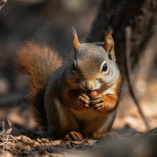 Close-up of a cute red squirrel eating nut. Generative AI illustration.  © Tuyres