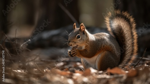 Close-up of an adorable squirrel eating nuts in a forest. Generative AI illustration.