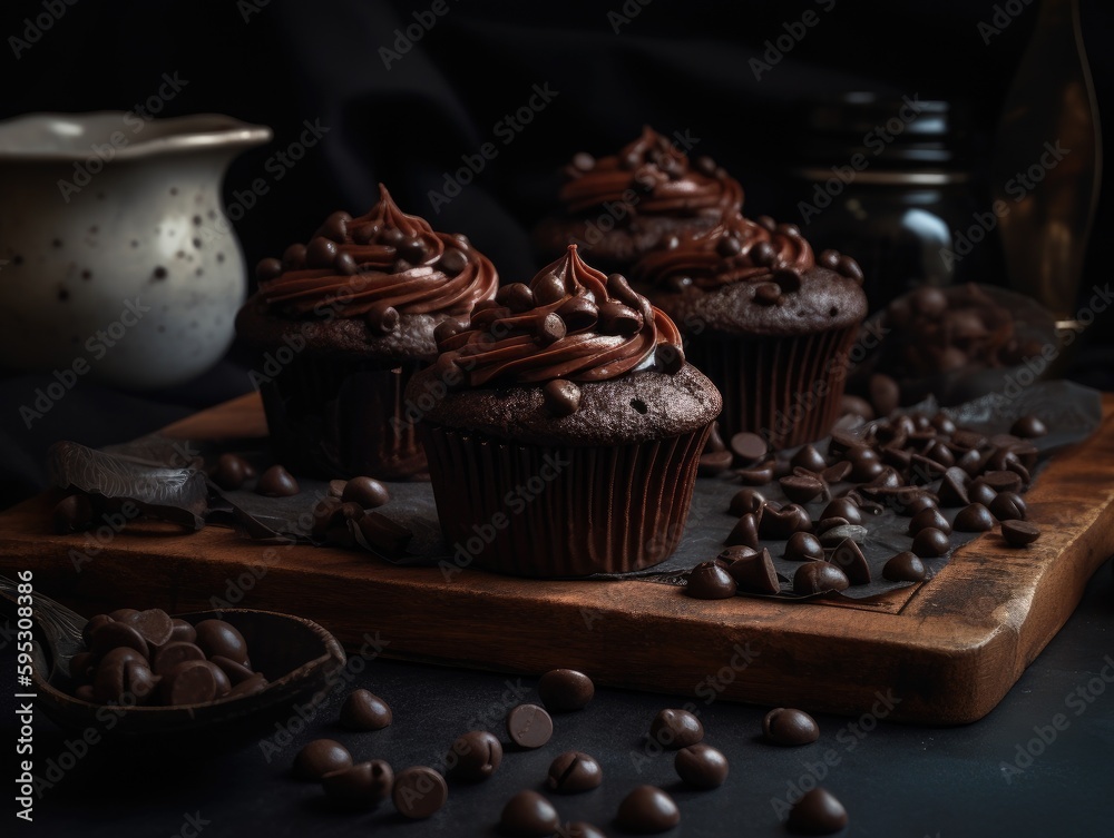 chocolate cupcake on dark wooden background. Generative AI chocolate cupcake on dark wooden background. Generative AI