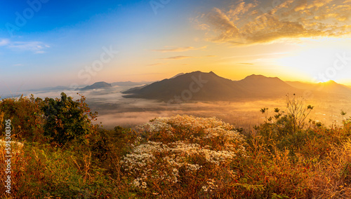 Beautiful mountain and sky scenery,Mountain valley during sunrise. Natural summer landscape 