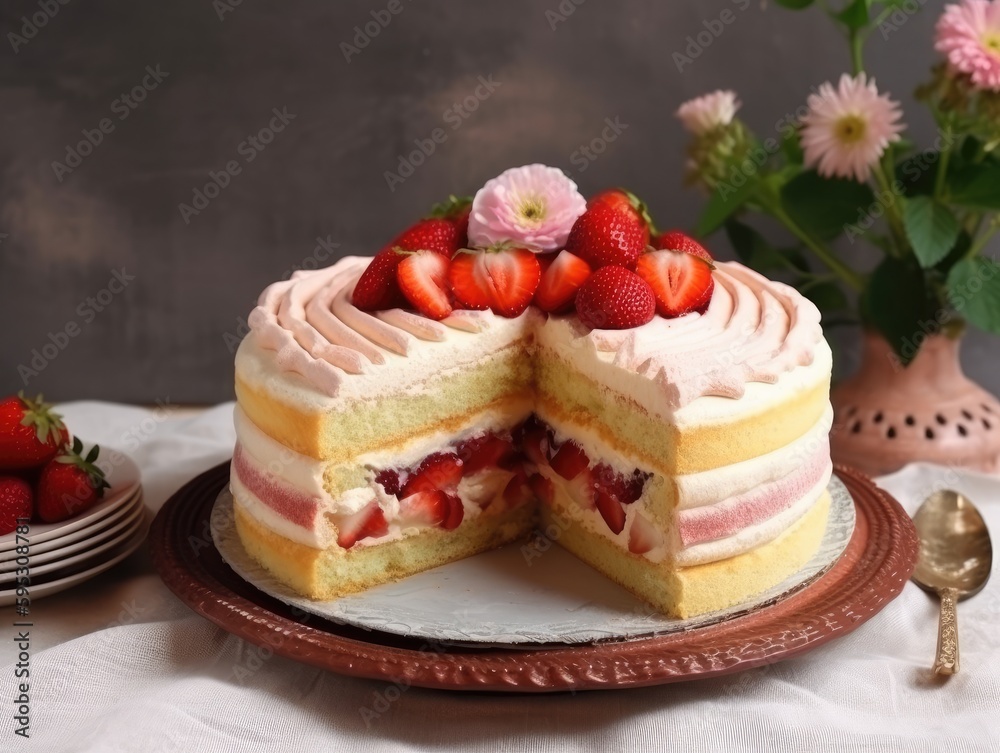 Strawberry sponge cake with fresh strawberries. Generative AI Strawberry sponge cake with fresh strawberries. Generative AI