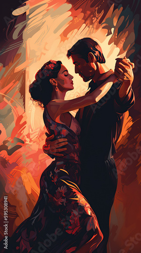 a beautiful vibrant color illustration of a couple dancing flamenco
