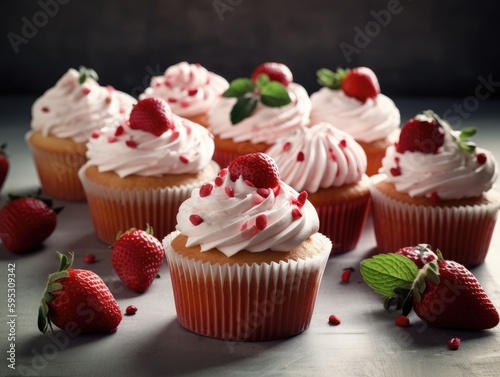 Homemade pink sweet cupcake with strawberries. Generative AI