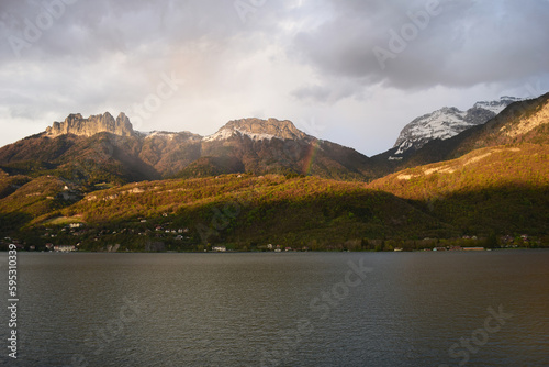 Annecy lake and mountains landscape in savoy, france