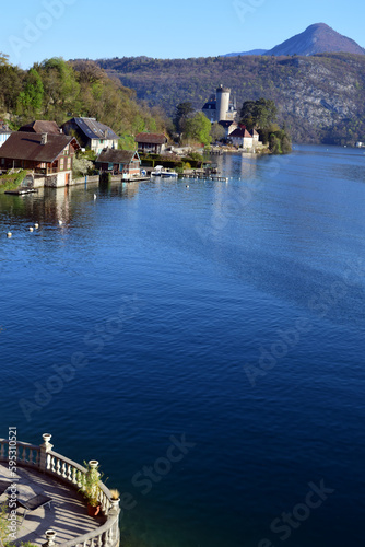 Landscape of Annecy lake and duignt village, in savoy, france