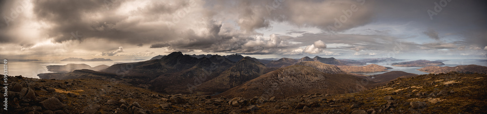 Panoramic View of Dramatic Skies from Beinn na Caillich on the Isle of Skye