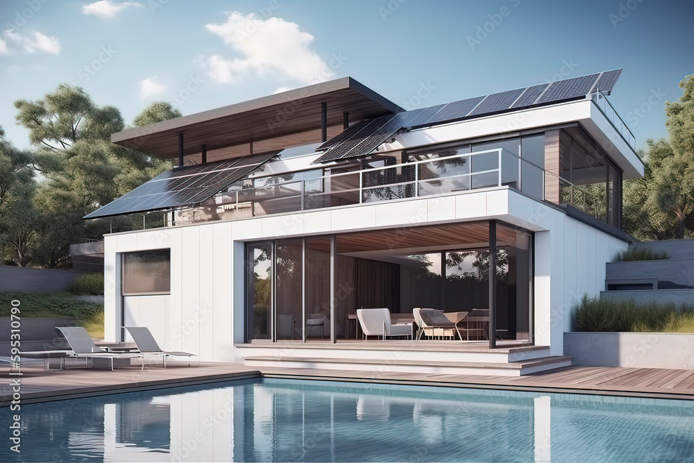 Modern houses and swimming pools with solar energy. AI technology generated image Modern houses and swimming pools with solar energy. AI technology generated image