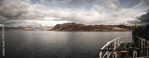 Panoramic View of Mallaig Village, Mountains and Sea from a Boat photo