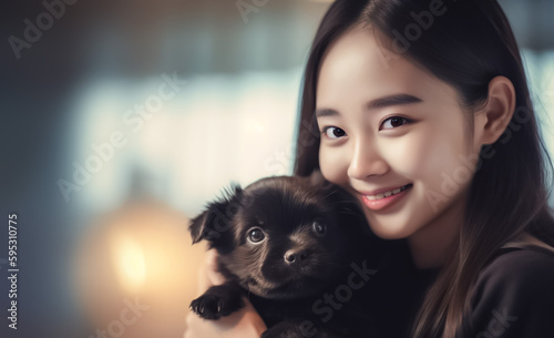 Adorable asian woman cuddles a cute black puppy in her arms  radiating joy and love in this heartwarming moment. generative AI
