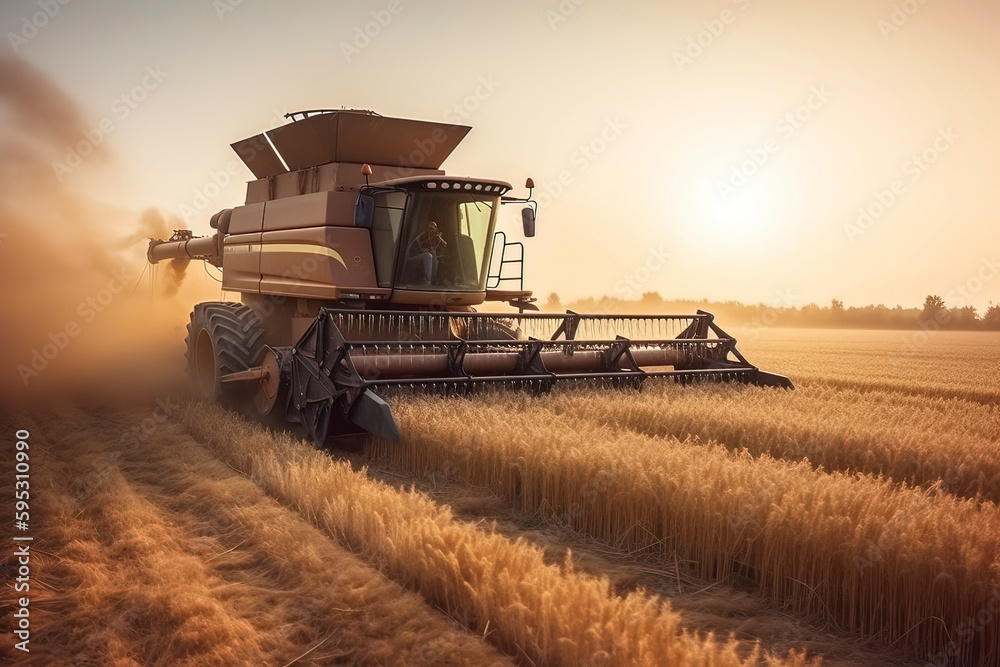 The combine harvester is harvesting wheat. AI technology generated image