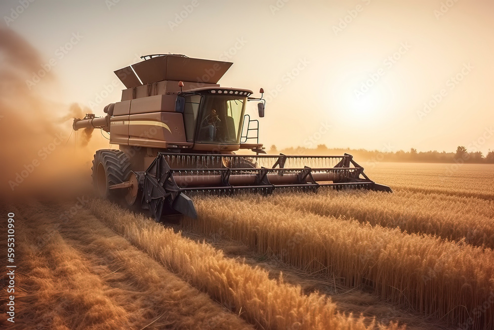 Fototapeta premium The combine harvester is harvesting wheat. AI technology generated image