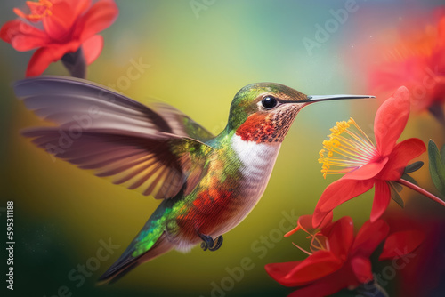 Flying hummingbird taking nectar from a red flower. Generative AI © SergeyIT