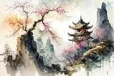 landscape and natural scenery in watercolor style. AI technology generated image. AI technology generated image