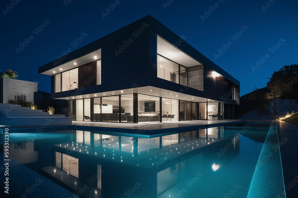 Bright and luxurious villas and swimming pools at night. AI technology generated image