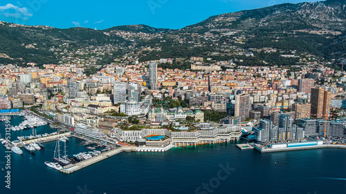 Aerial panorama of The Monte Carlo Casino or Casino de Monte-Carlo, is a gambling and entertainment complex located in Monaco. The country named as playground of the rich and famous in France 5.5K UHD © Photo London UK