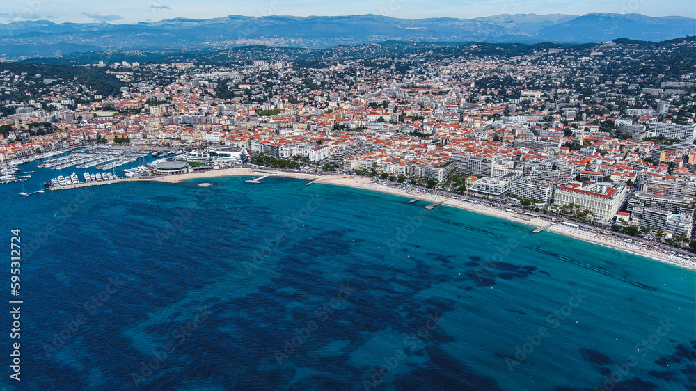 Aerial panorama of Cannes, Cote d'Azur, France, South Europe. A resort town on the French Riviera is famed for its international film festival. Its Boulevard de la Croisette, coast with sandy beaches