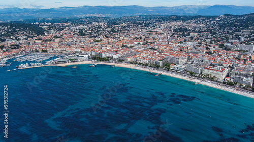 Aerial panorama of Cannes, Cote d'Azur, France, South Europe. A resort town on the French Riviera is famed for its international film festival. Its Boulevard de la Croisette, coast with sandy beaches