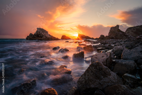 Dramatic Sunset at Mupe Bay, Dorset Jurassic Coastline, United Kingdom, Seascape Photo
