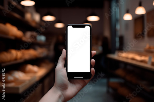 Hand holding phone with white screen and blurred background of a bakery. Concept mockup for app, site, logo... Generative AI
