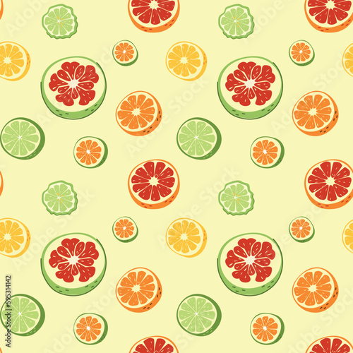 Seamless pattern of juicy slices of citrus fruits in a hand-drawn style. Vector illustration on a light background for fabrics, wallpaper, decor