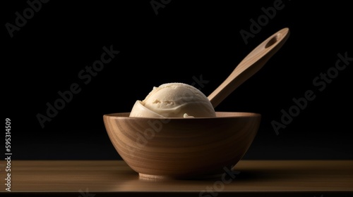 Minimalist Closeup of a Scoop of Vanilla Ice Cream in a Japanese Style Wooden Bowl. With Licensed Generative AI Technology Assistance.