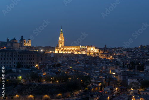 Toledo  Spain - April 9  2023  Panoramic view of the city of Toledo at night  The Cathedral