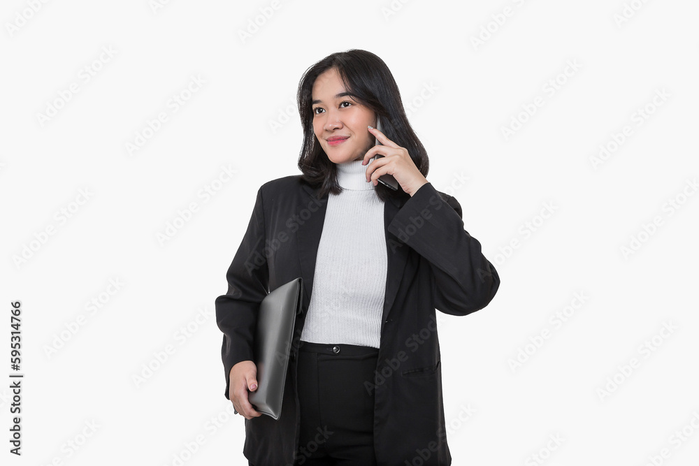 Happy Asian business woman making a phone call with a business partner on isolated on white background Happy Asian business woman making a phone call with a business partner on isolated on white background