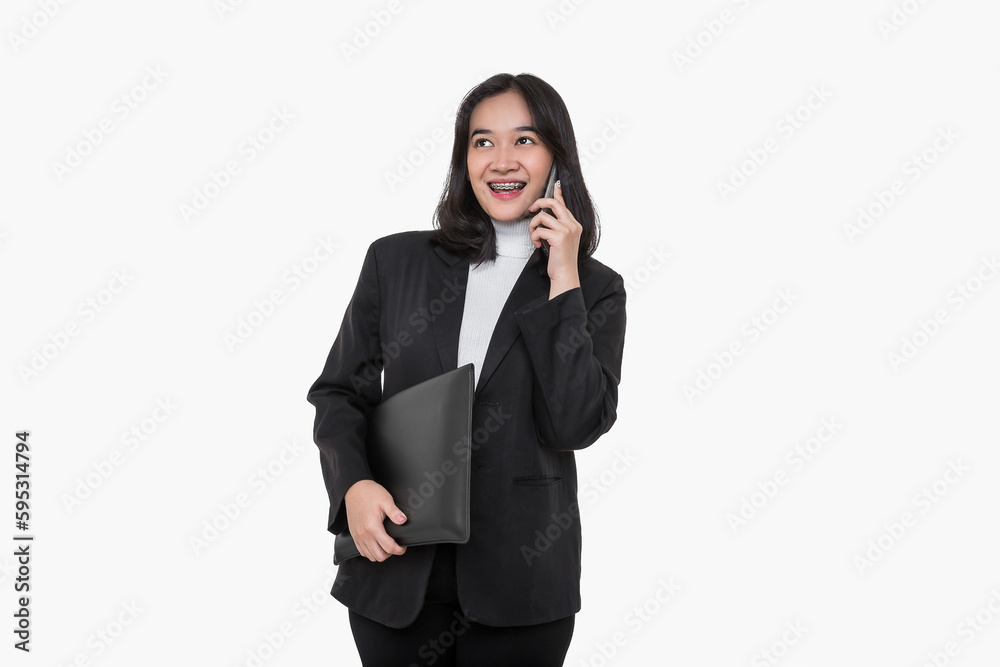 Happy Asian business woman making a phone call with a business partner on isolated on white background Happy Asian business woman making a phone call with a business partner on isolated on white background