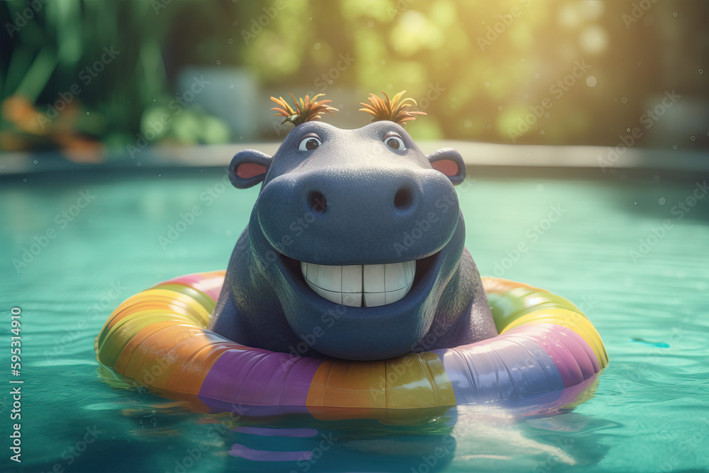 Happy hippo chilling on an inflatable pool float in a swimming pool