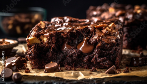 Dark chocolate brownie slice, homemade indulgence temptation generated by AI