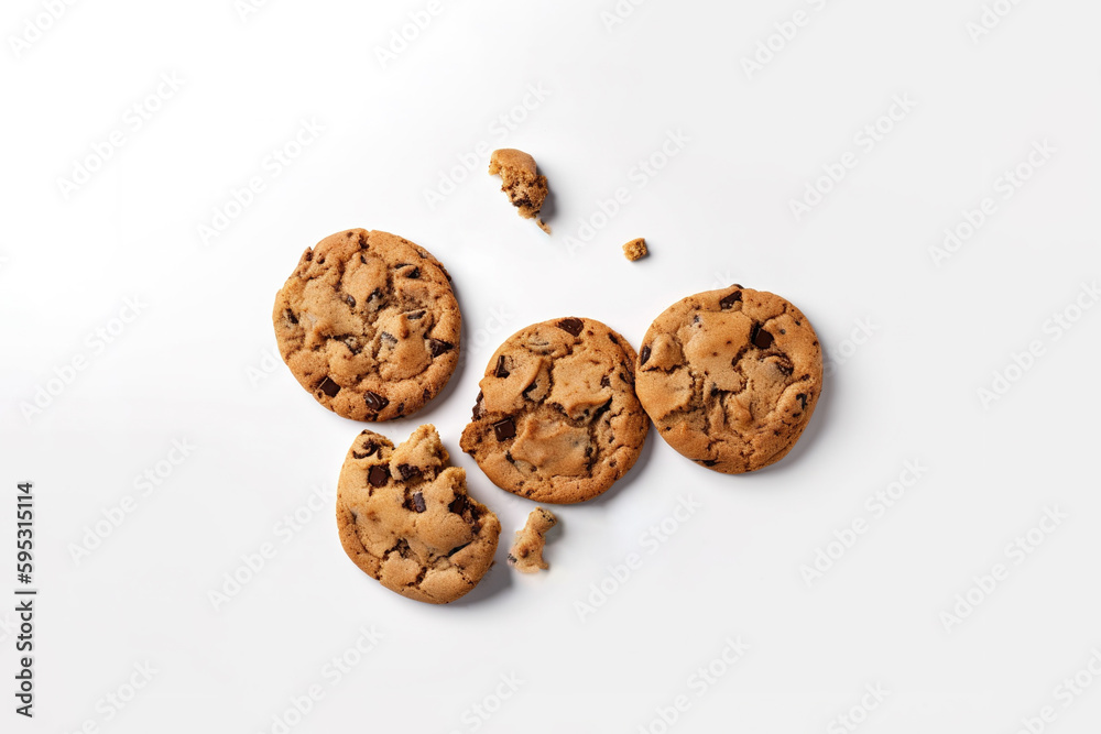Top view of homemade chocolate chip cookies isolated on white background. Created with Generative AI Technology Top view of homemade chocolate chip cookies isolated on white background. Created with Generative AI Technology