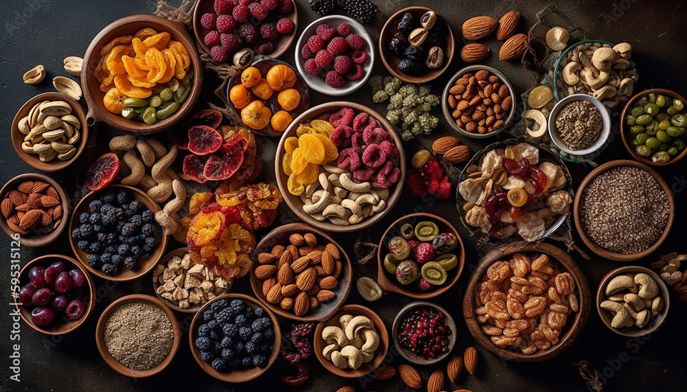 Healthy bowl of fresh fruit and nuts generated by AI