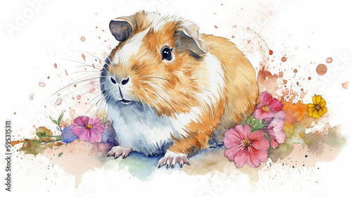 Watercolor painting of a cute guinea pig in a colorful flower field. Ideal for art print, greeting card, springtime concepts etc. Made with generative AI. photo