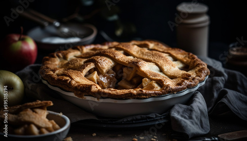 Homemade apple pie on rustic wood table generated by AI