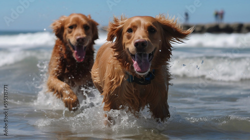 Canine Water Fun on a Sunny Beach Day - AI Image