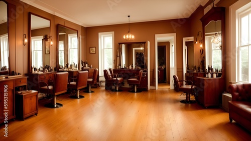 A vintage hair salon interior design with a cozy and elegant atmosphere