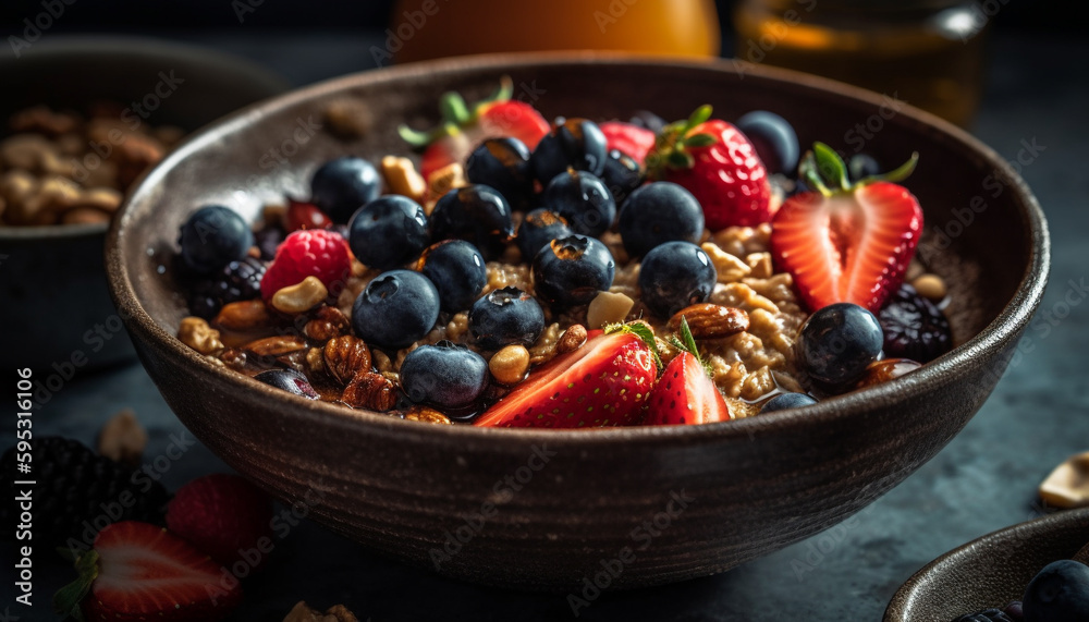Fresh berry bowl granola, yogurt, and almond milk generated by AI