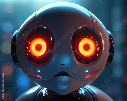 Face of a robot with glowing red eyes created using generative AI tools photo