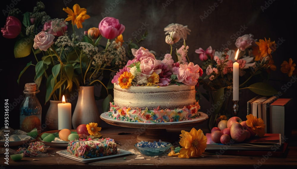 Sweet decorations adorn table for birthday celebration generated by AI Sweet decorations adorn table for birthday celebration generated by AI