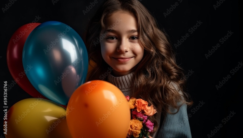 Obraz premium Small girl holding ful balloon celebrates birthday generated by AI