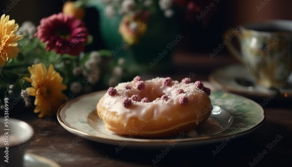 Sweet pastry plate with coffee and fruit generated by AI