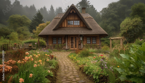 A rustic log cabin sits in the forest generated by AI