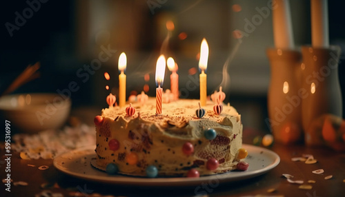 Sweet dessert with candles illuminating celebration joy generated by AI