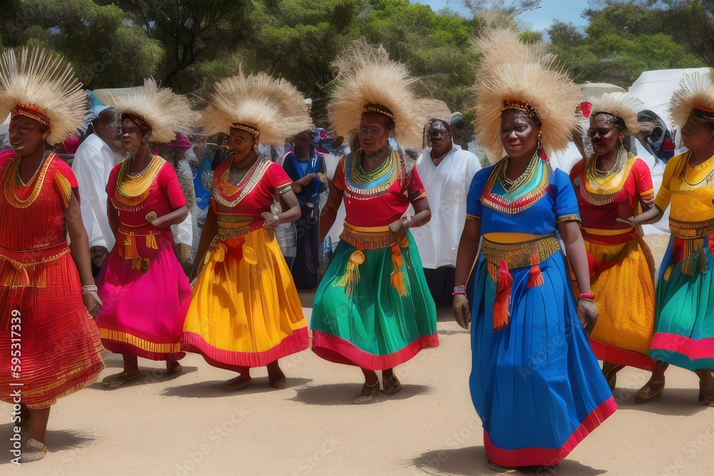 a group of women in colorful dresses and headdresses - Generative AI